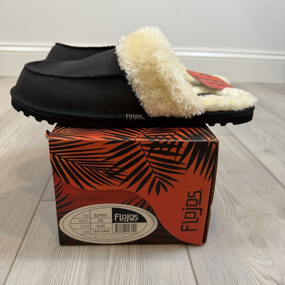 NEW Flojos Men's Size 9 / Women's 10 Lynx Sherpa Lined‎ Slipper Black Slip On